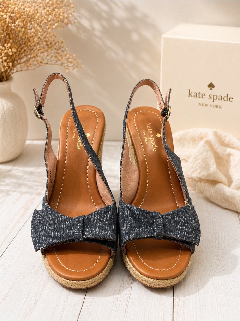 Kate Spade Jaden Chambray Wedge Sandals Bow Espadrille Size 8.5M - Picture 2 of 11